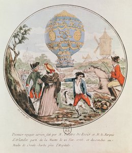 1783年11月21日、ムッシュからフランドルのピラトドロジェ（1754-85）とアーランドの侯爵（1742-1809）による最初の空中航海。 作： De Frene